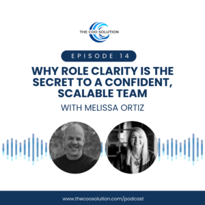 Podcast promotional graphic for The COO Solution Episode 14 featuring Melissa Ortiz. Title reads: ‘Why Role Clarity Is the Secret to a Confident, Scalable Team.’ Includes photos of host Derek Fredrickson and guest Melissa Ortiz, with podcast branding and website URL www.thecoosolution.com/podcast.