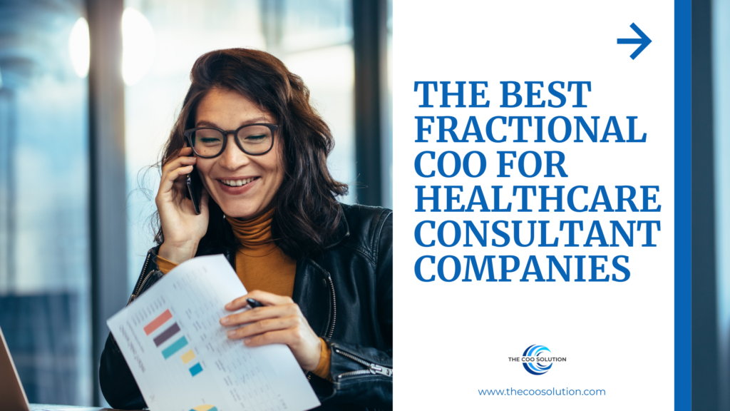 Smiling businesswoman wearing glasses and a leather jacket talks on the phone while holding a chart with colorful graphs. On the right, bold blue text reads: “THE BEST COO FOR HIRE FOR GROWING BUSINESSES.” The COO Solution logo and website URL “www.thecoosolution.com” appear below, with a blue arrow icon pointing right.